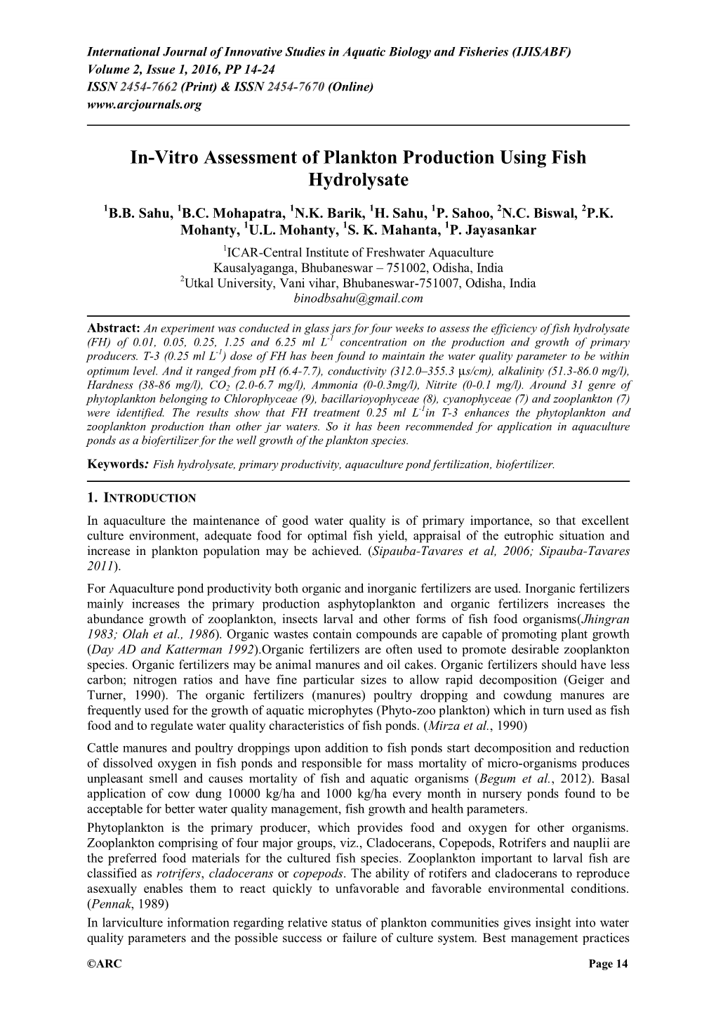 In-Vitro Assessment of Plankton Production Using Fish Hydrolysate