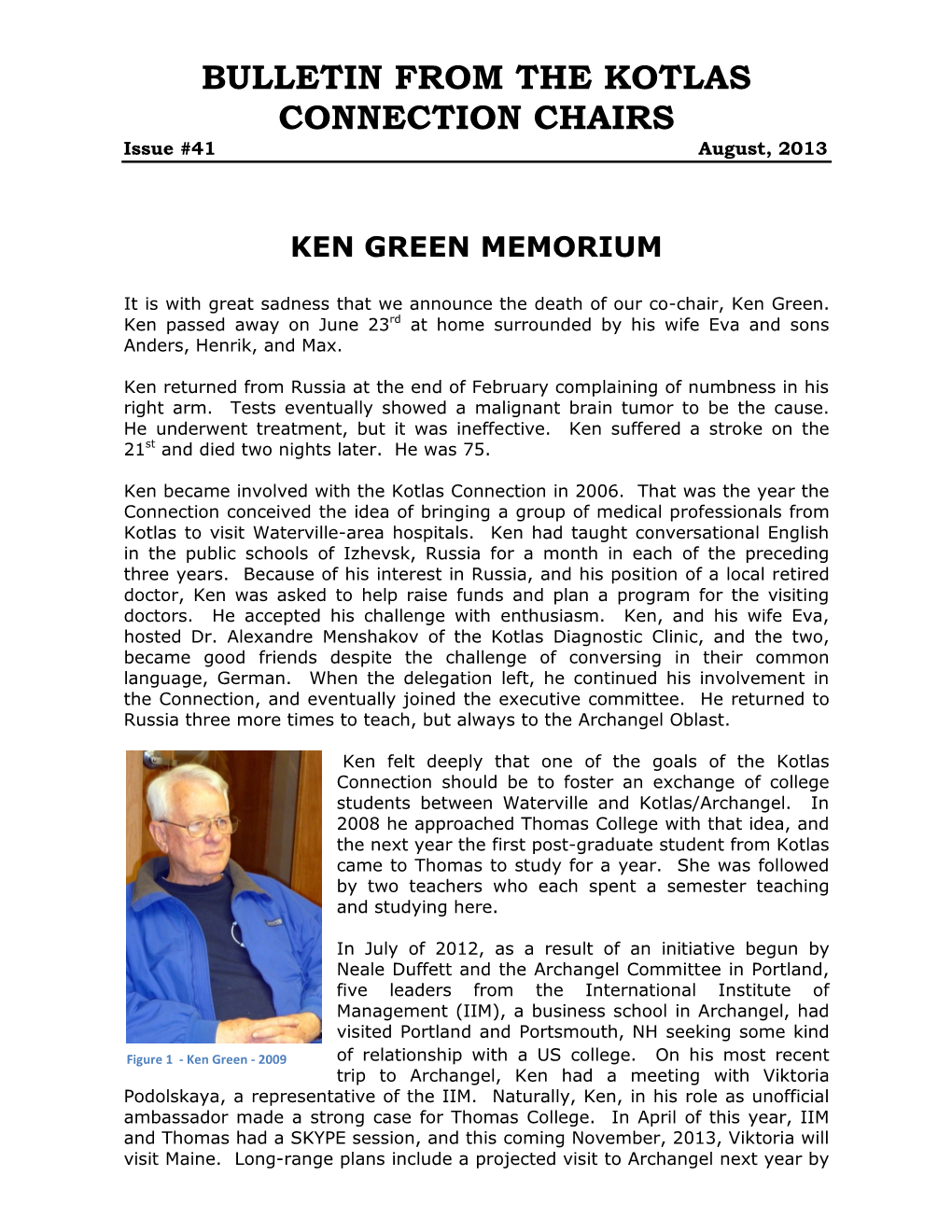 August 2013 Kotlas Chair's Bulletin