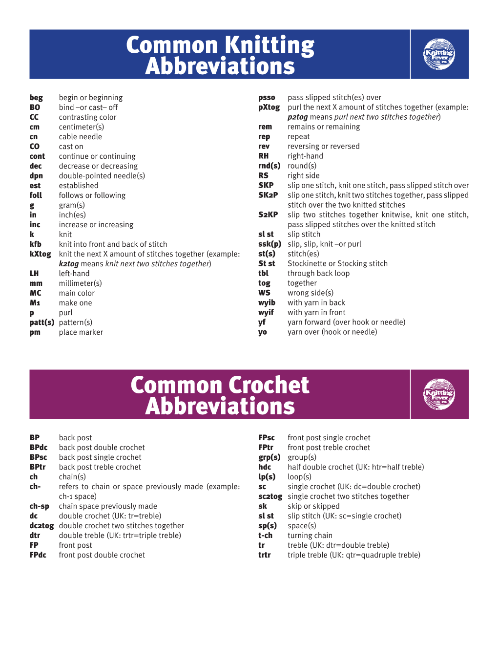 Common Knitting Abbreviations Common Crochet Abbreviations