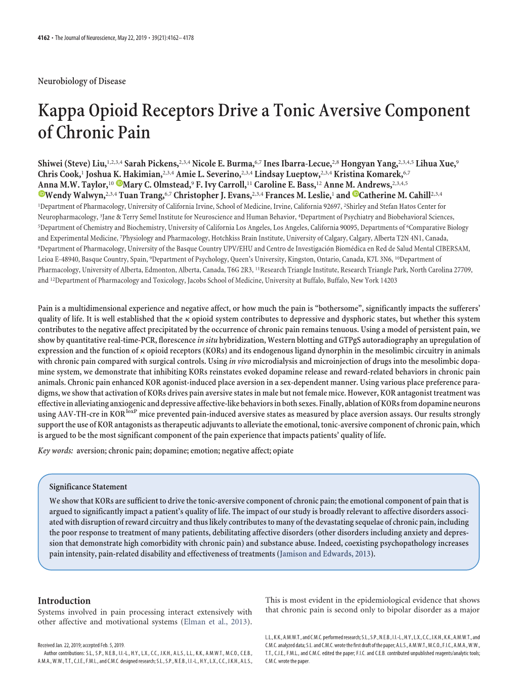 Kappa Opioid Receptors Drive a Tonic Aversive Component of Chronic Pain