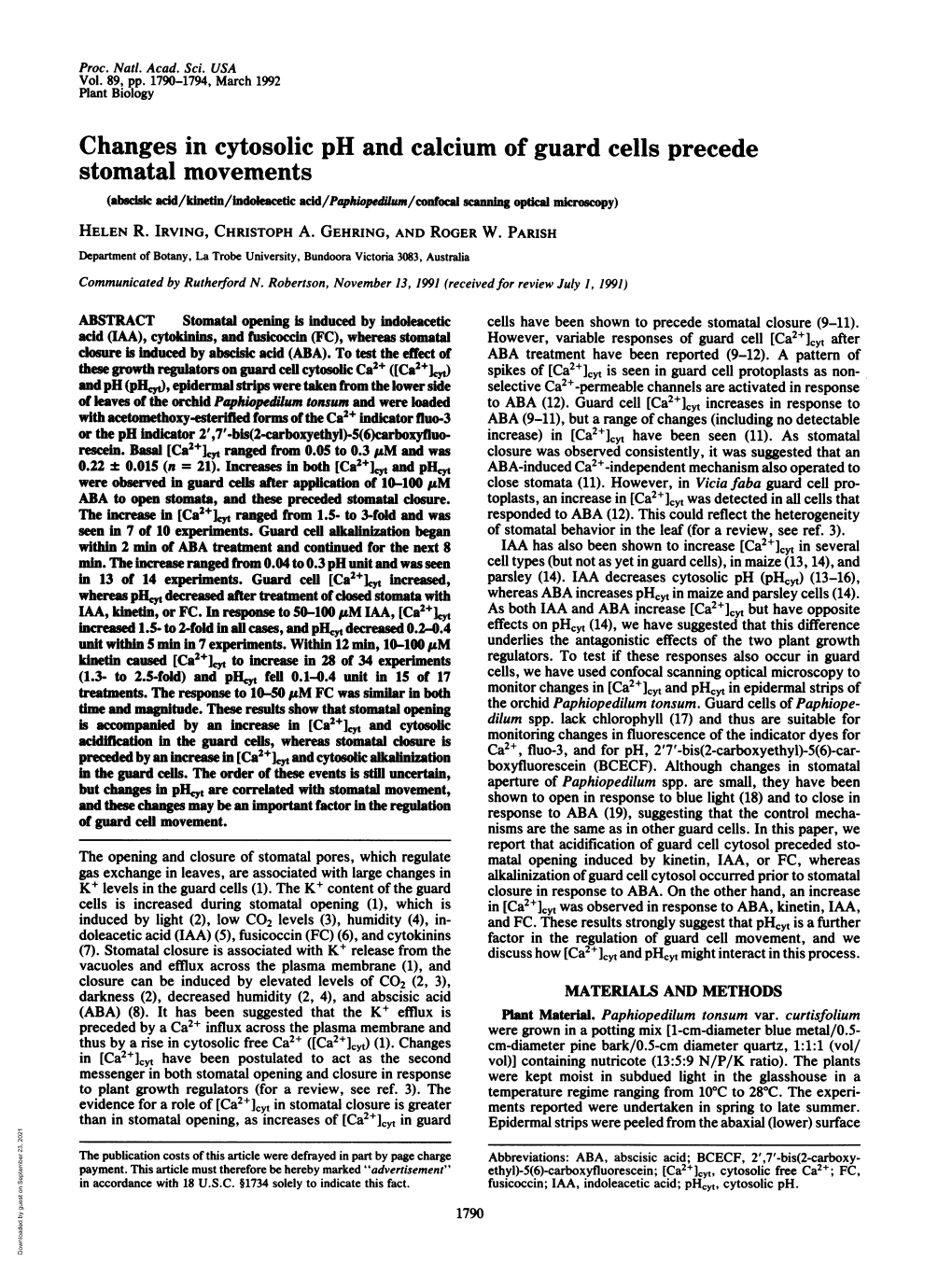 Changes in Cytosolic Ph and Calcium of Guard Cells Precede Stomatal