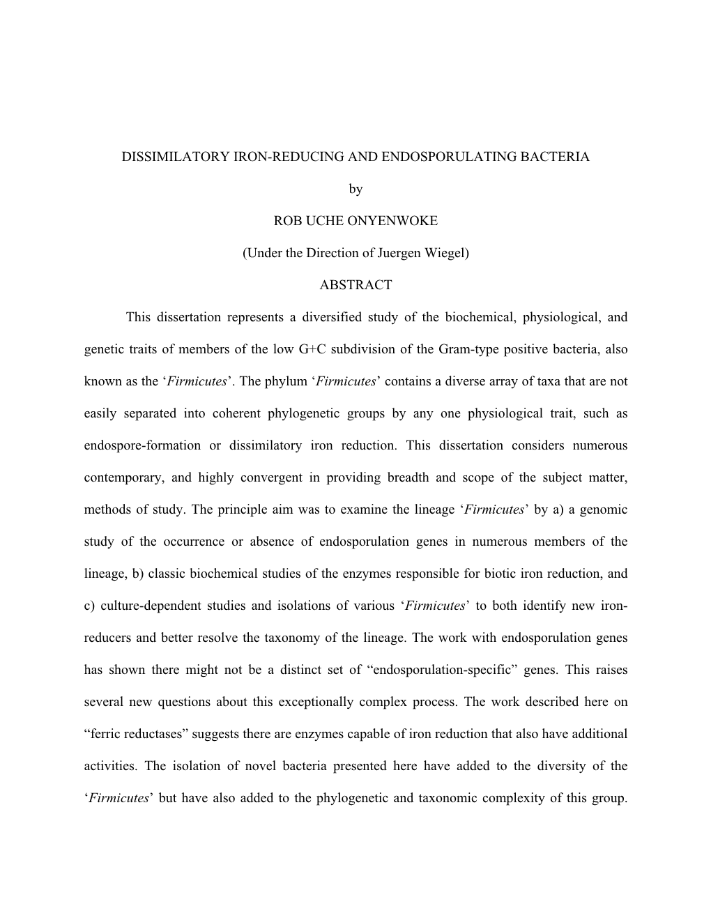 Dissimilatory Iron-Reducing and Endosporulating Bacteria