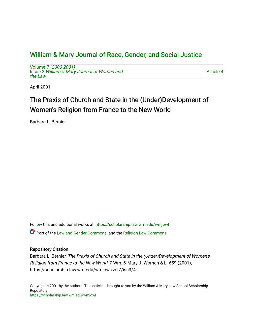 The Praxis of Church and State in the (Under)Development of Women's Religion from France to the New World