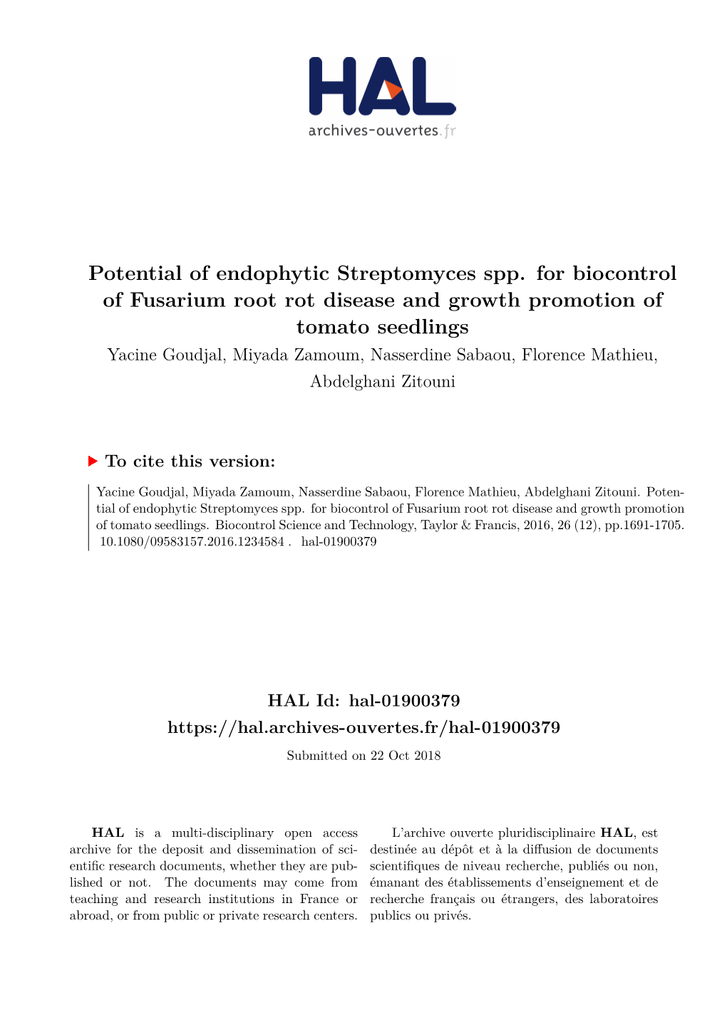 Potential of Endophytic Streptomyces Spp. for Biocontrol of Fusarium Root