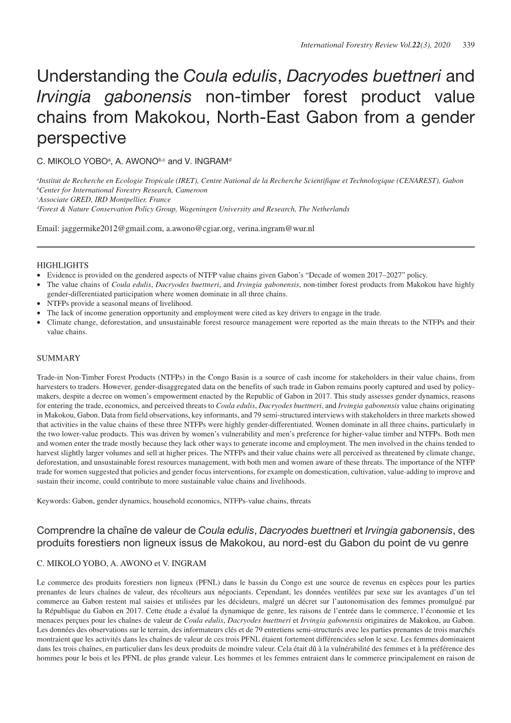Understanding the Coula Edulis, Dacryodes Buettneri and Irvingia Gabonensis Non-Timber Forest Product Value Chains from Makokou