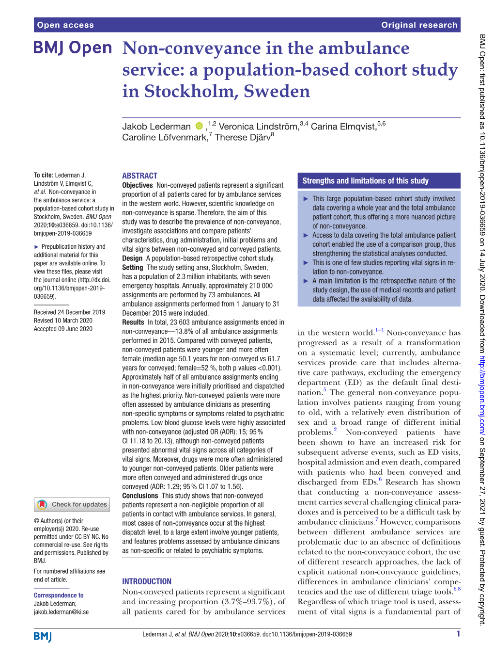 Non- Conveyance in the Ambulance Service: a Population- Based Cohort Study in Stockholm, Sweden