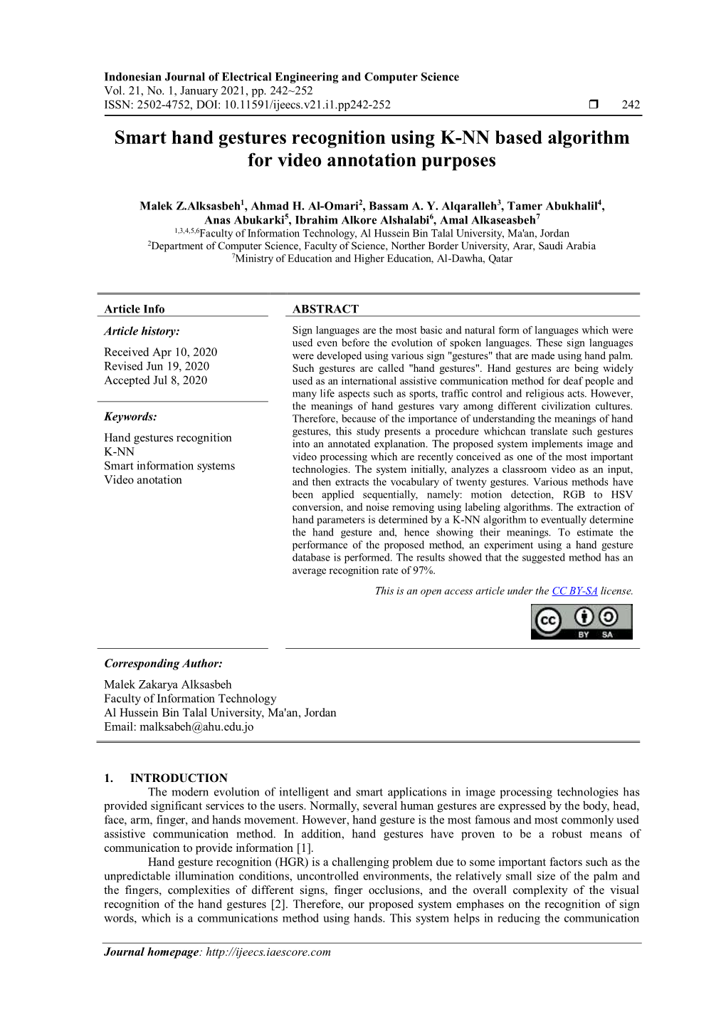 Smart Hand Gestures Recognition Using K-NN Based Algorithm for Video Annotation Purposes