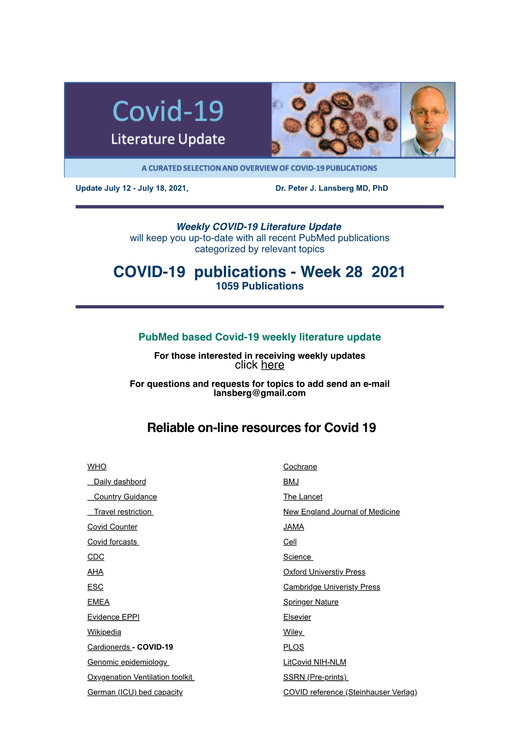 COVID-19 Publications - Week 28 2021 1059 Publications