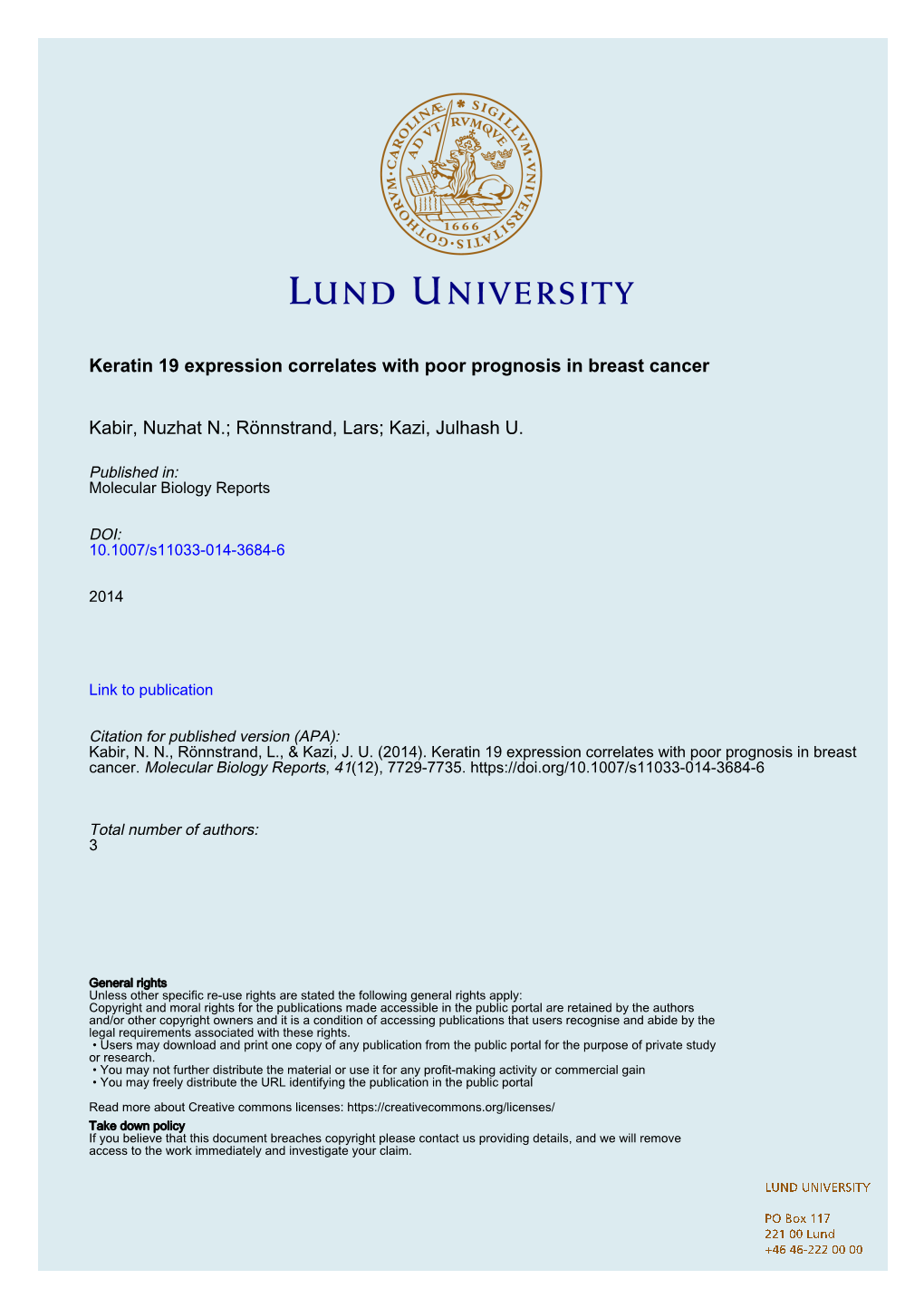 Keratin 19 Expression Correlates with Poor Prognosis in Breast Cancer Kabir, Nuzhat N