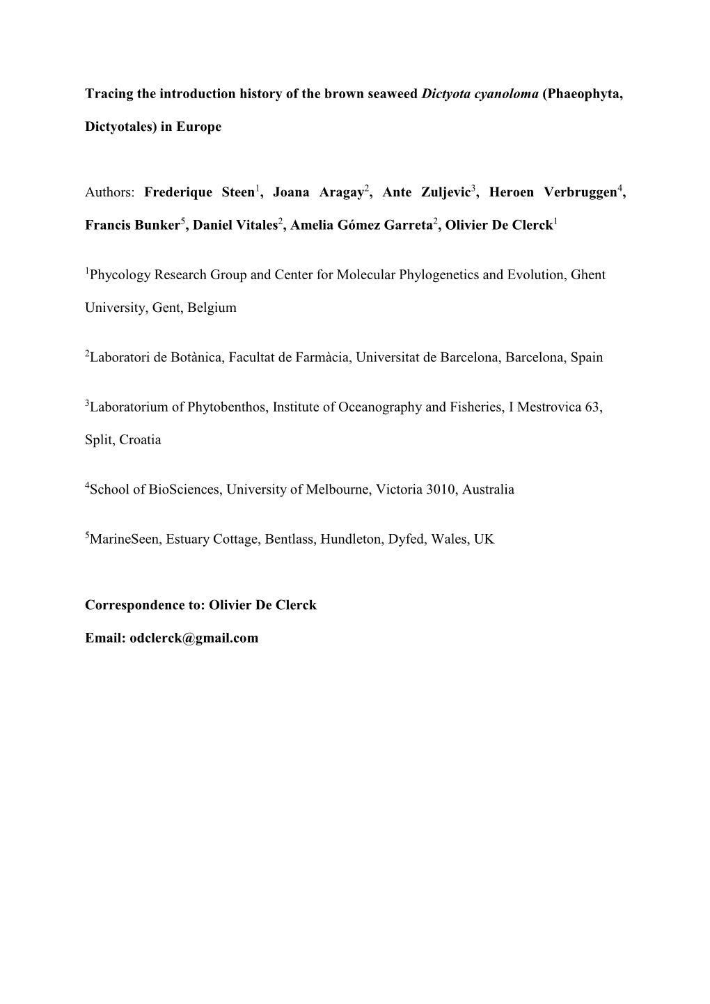 (Phaeophyta, Dictyotales) in Europe Authors