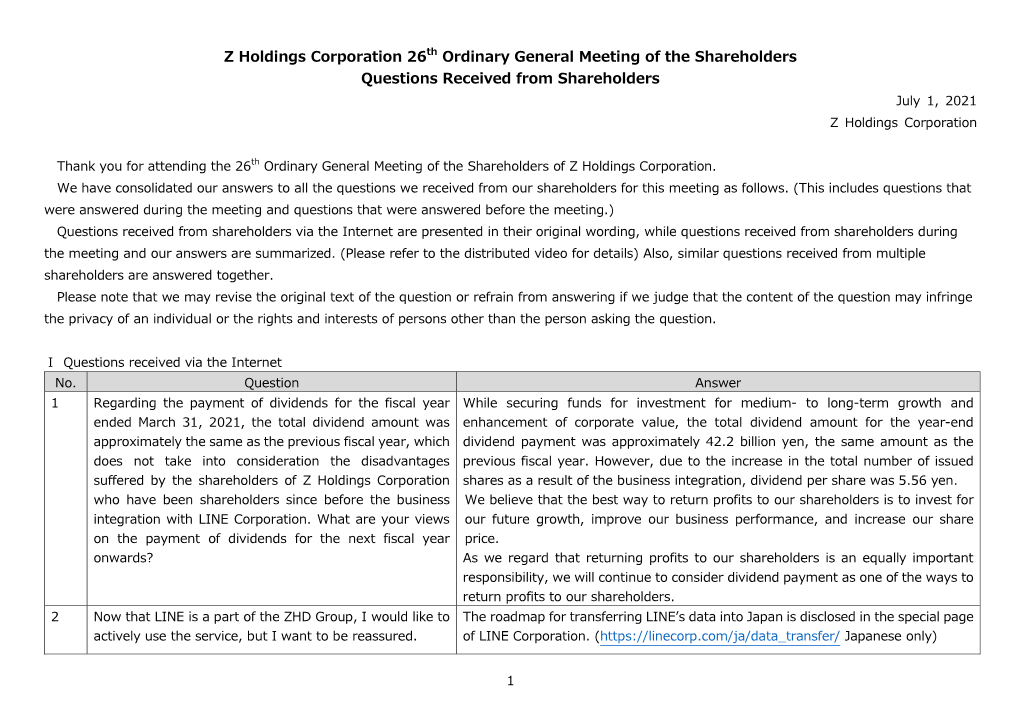 Z Holdings Corporation 26Th Ordinary General Meeting of the Shareholders Questions Received from Shareholders July 1, 2021 Z Holdings Corporation