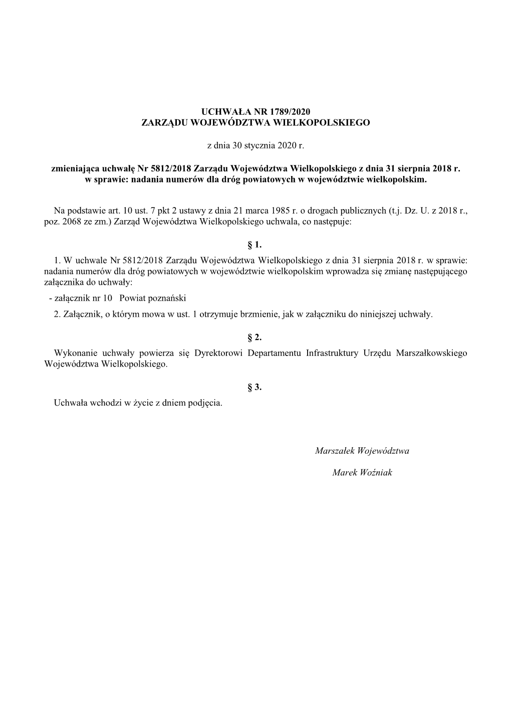 Uchwała Nr 1789/2020 Zarządu Województwa Wielkopolskiego