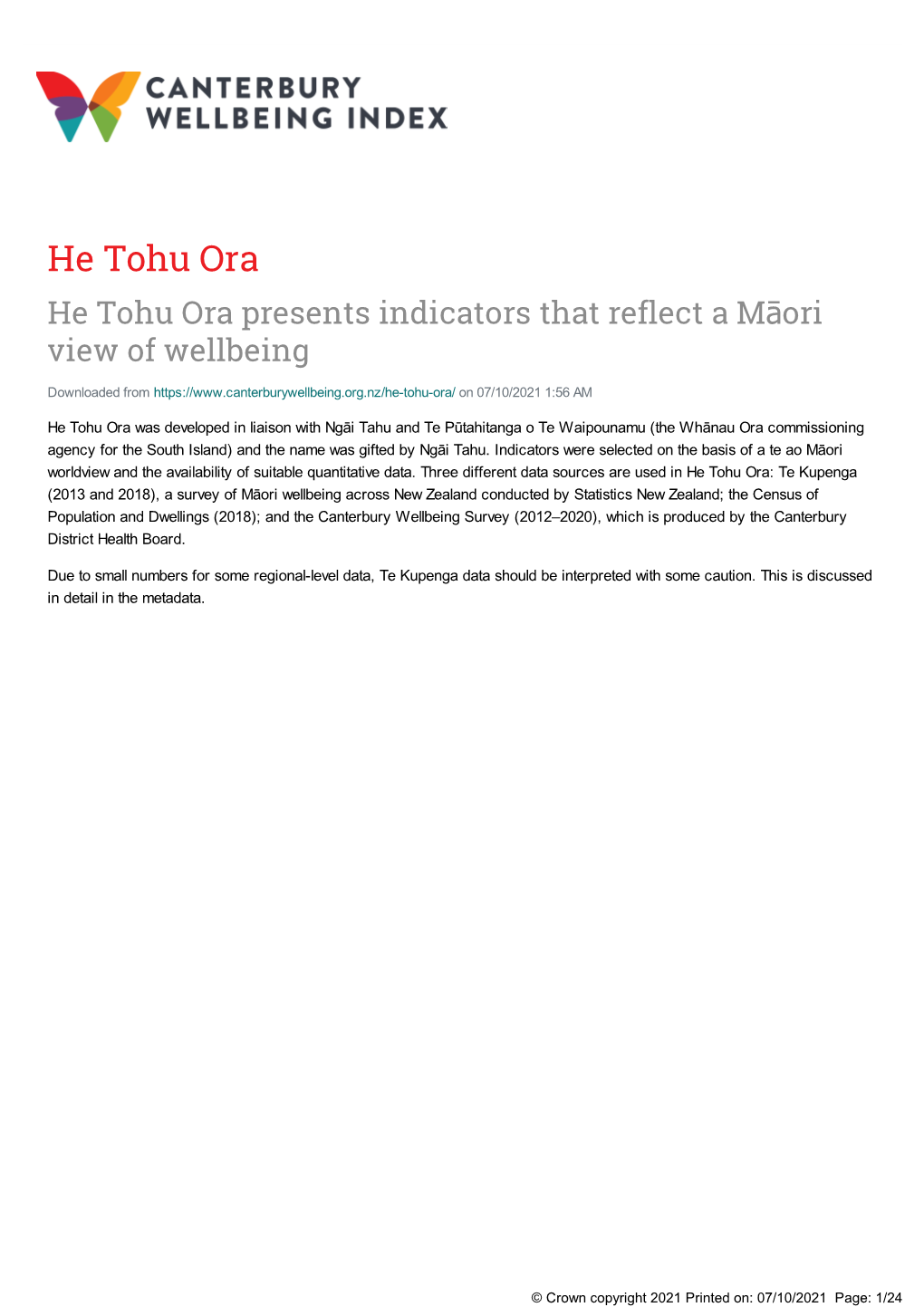 He Tohu Ora- Canterbury Wellbeing Index