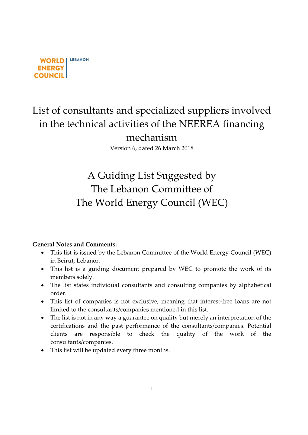 Consultants and Specialized Suppliers Involved in NEEREA Activities