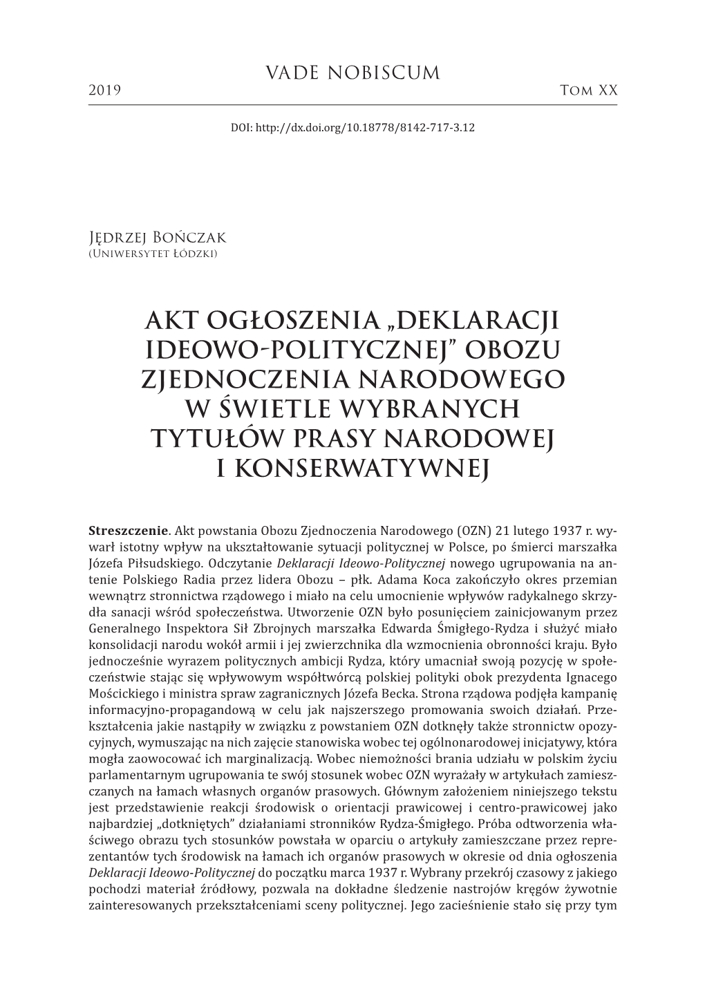 Obozu Zjednoczenia Narodowego W Świetle Wybr Anych Tytułów Pr Asy Narodowej I Konserwatywnej