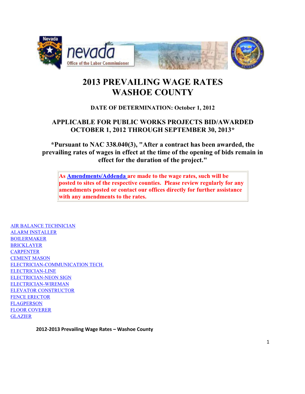 2013 Prevailing Wage Rates Washoe County