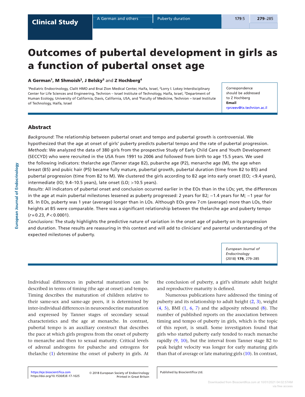 Outcomes of Pubertal Development in Girls As a Function of Pubertal Onset