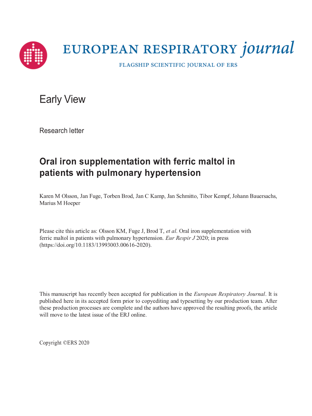 Oral Iron Supplementation with Ferric Maltol in Patients with Pulmonary Hypertension