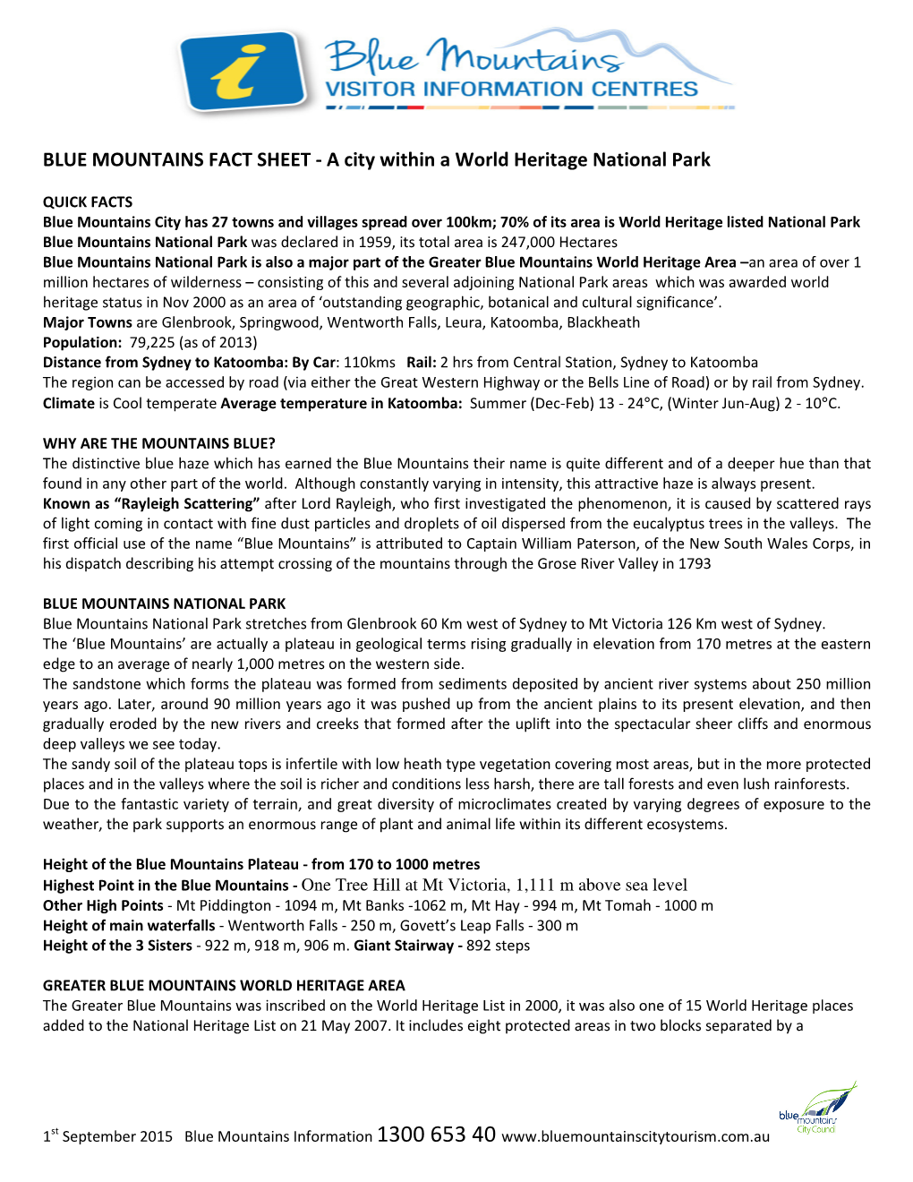 BLUE MOUNTAINS FACT SHEET - a City Within a World Heritage National Park