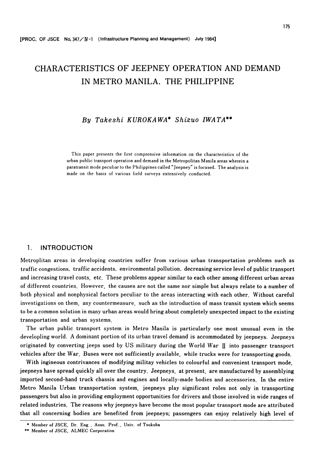 Characteristics of Jeepney Operation and Demand in Metro Manila