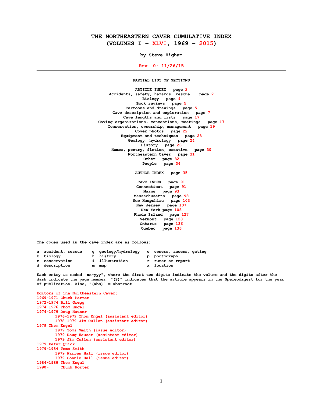 The Northeastern Caver Cumulative Index (Volumes I – Xlvi, 1969 – 2015)