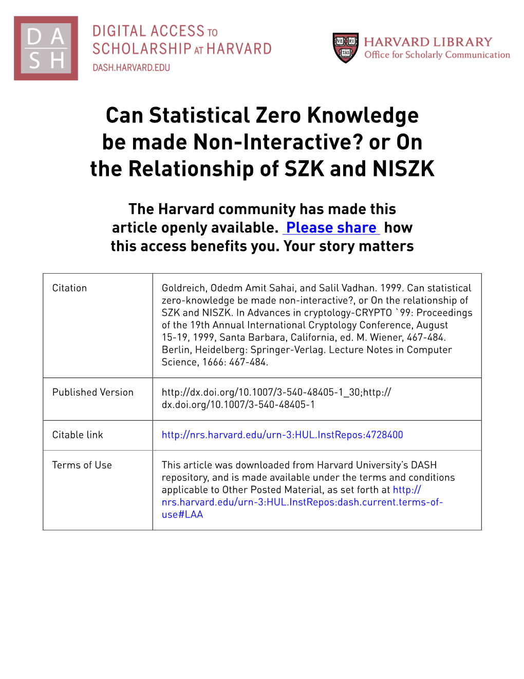 Can Statistical Zero Knowledge Be Made Non-Interactive? Or on the Relationship of SZK and NISZK