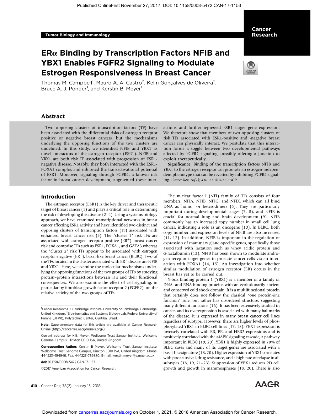 Era Binding by Transcription Factors NFIB and YBX1 Enables FGFR2 Signaling to Modulate Estrogen Responsiveness in Breast Cancer Thomas M