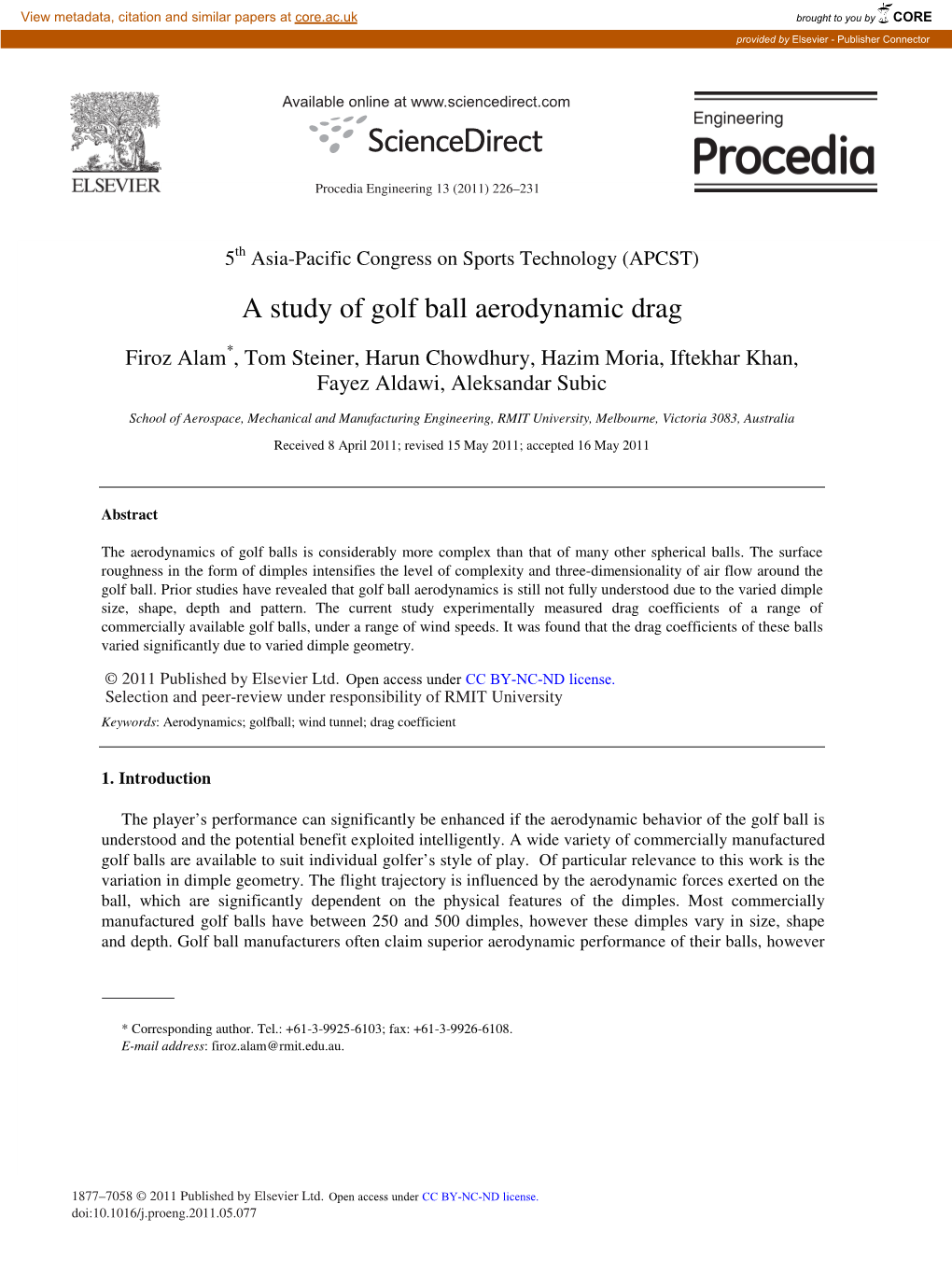 A Study of Golf Ball Aerodynamic Drag