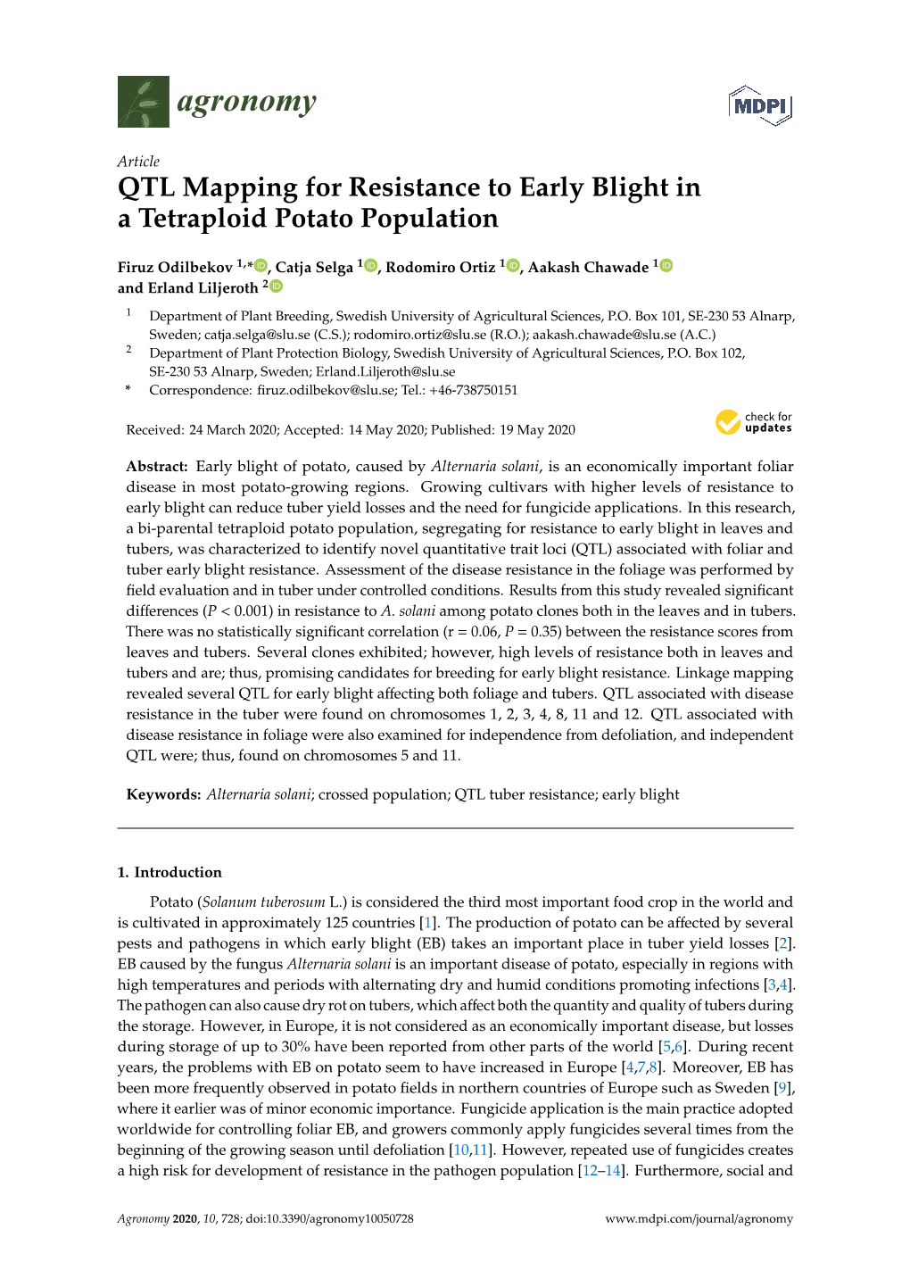 QTL Mapping for Resistance to Early Blight in a Tetraploid Potato Population