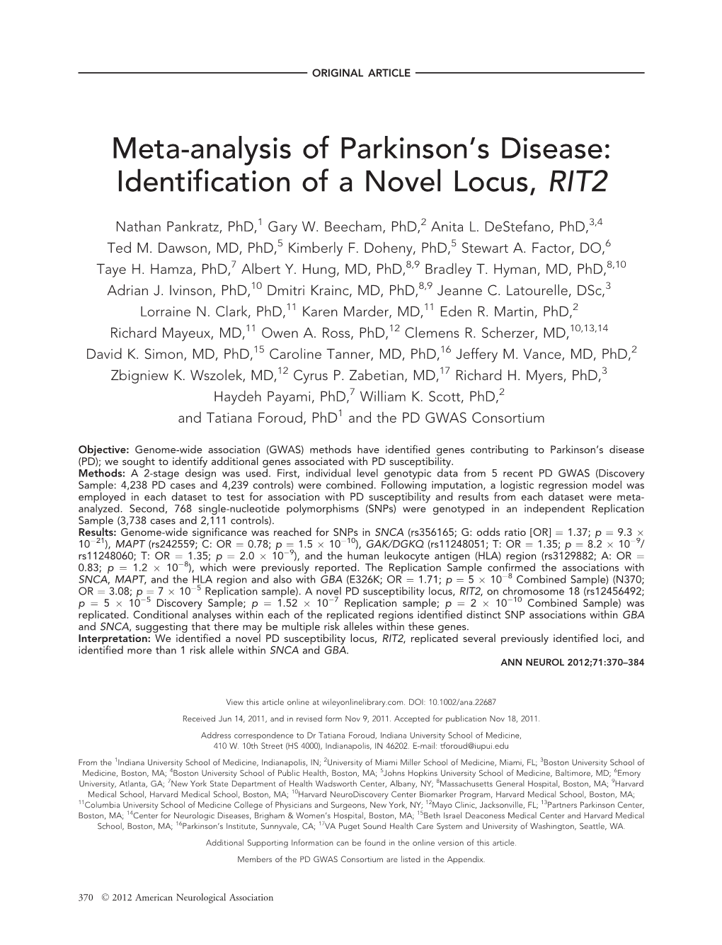 Metaanalysis of Parkinson's Disease: Identification of a Novel Locus, RIT2