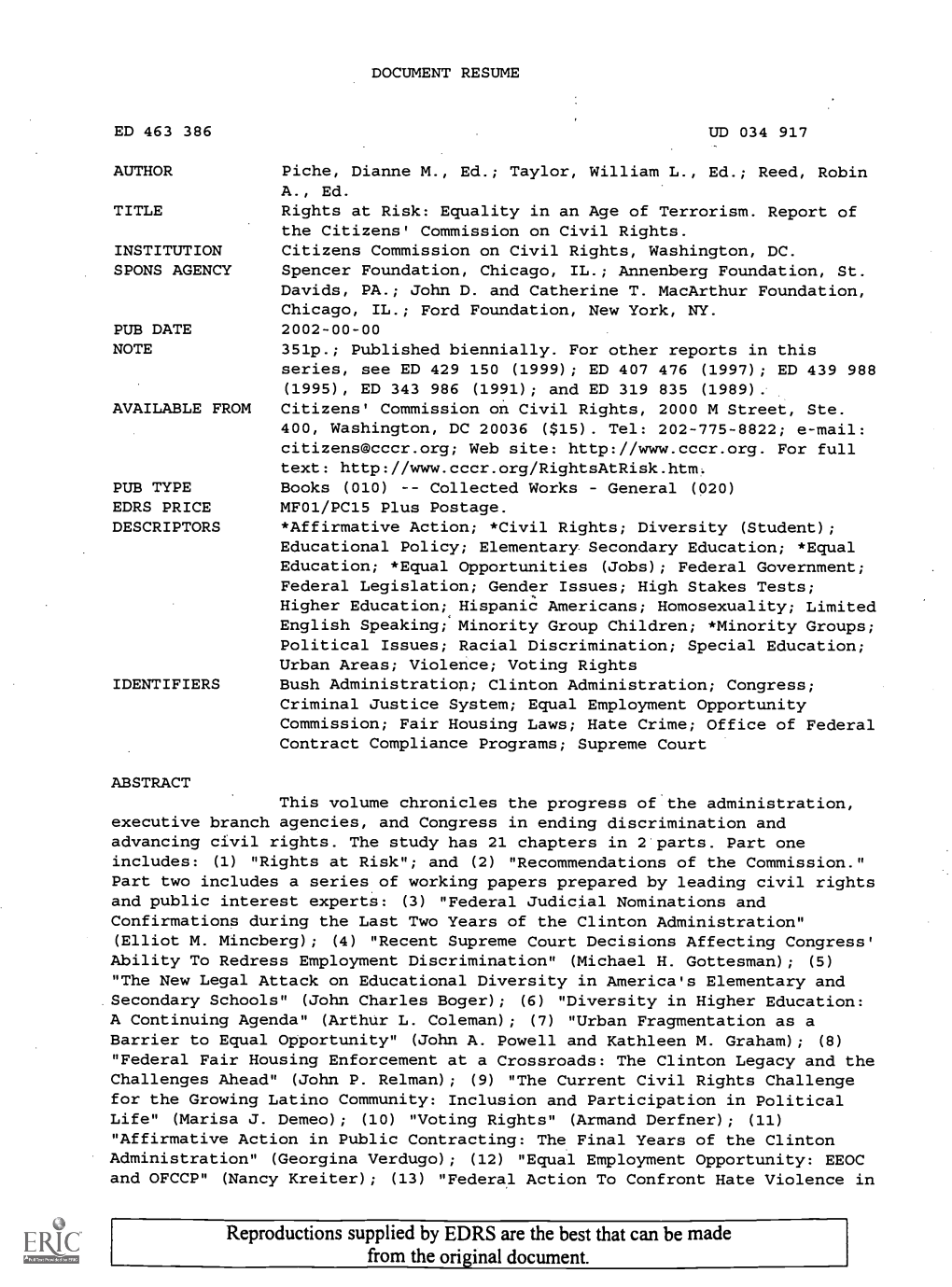 Rights at Risk: Equality in an Age of Terrorism. Report of the Citizens' Commission on Civil Rights. INSTITUTION Citizens Commission on Civil Rights, Washington, DC