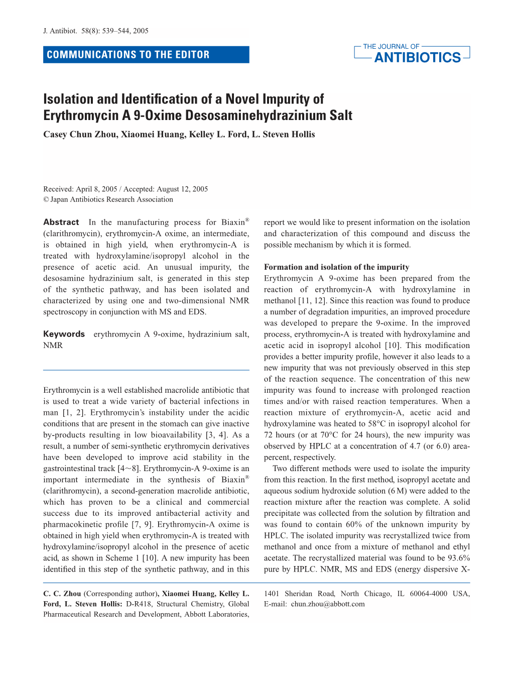 Isolation and Identification of a Novel Impurity of Erythromycin a 9-Oxime