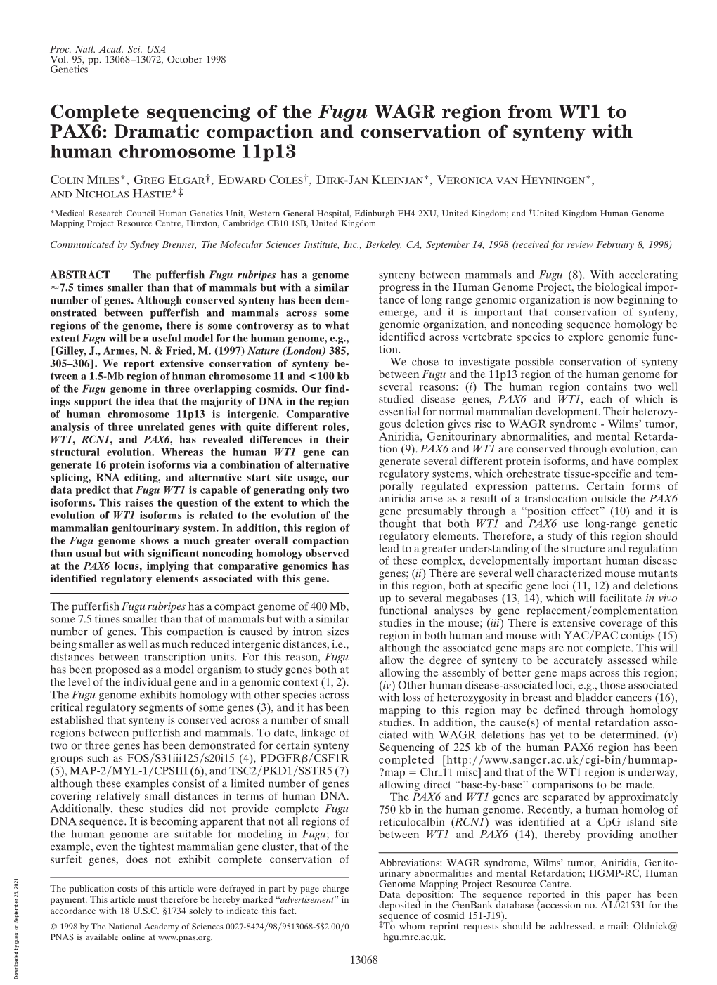 Complete Sequencing of the Fugu WAGR Region from WT1 to PAX6: Dramatic Compaction and Conservation of Synteny with Human Chromosome 11P13