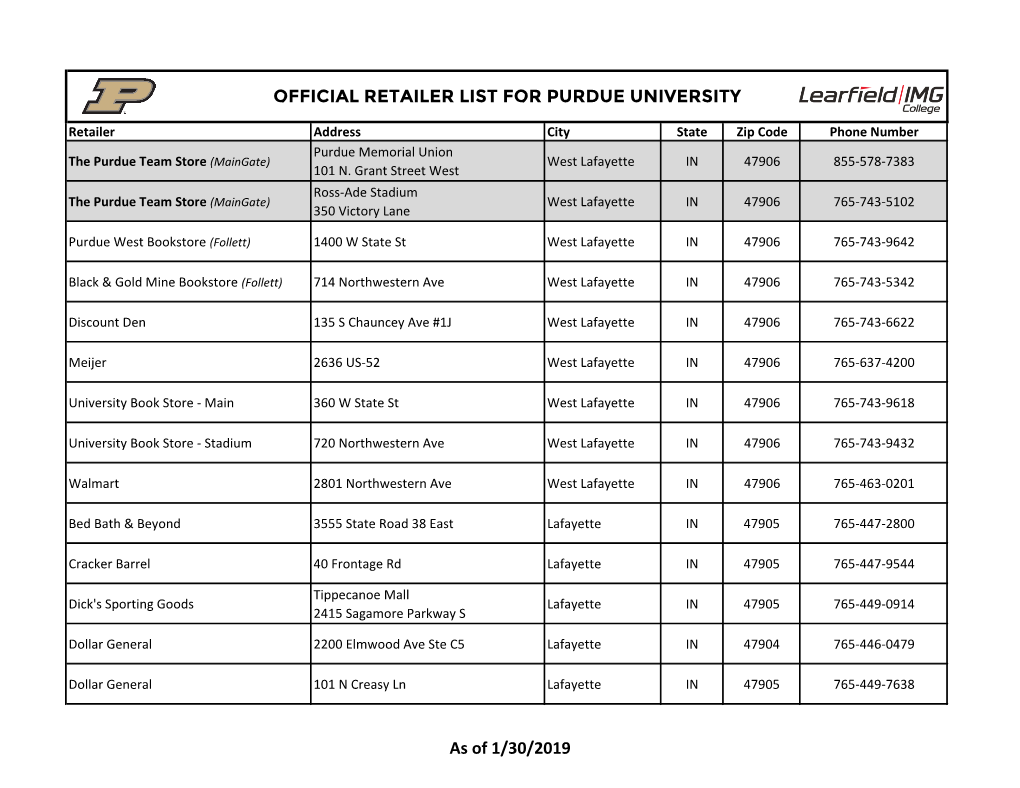OFFICIAL RETAILER LIST for PURDUE UNIVERSITY As of 1/30