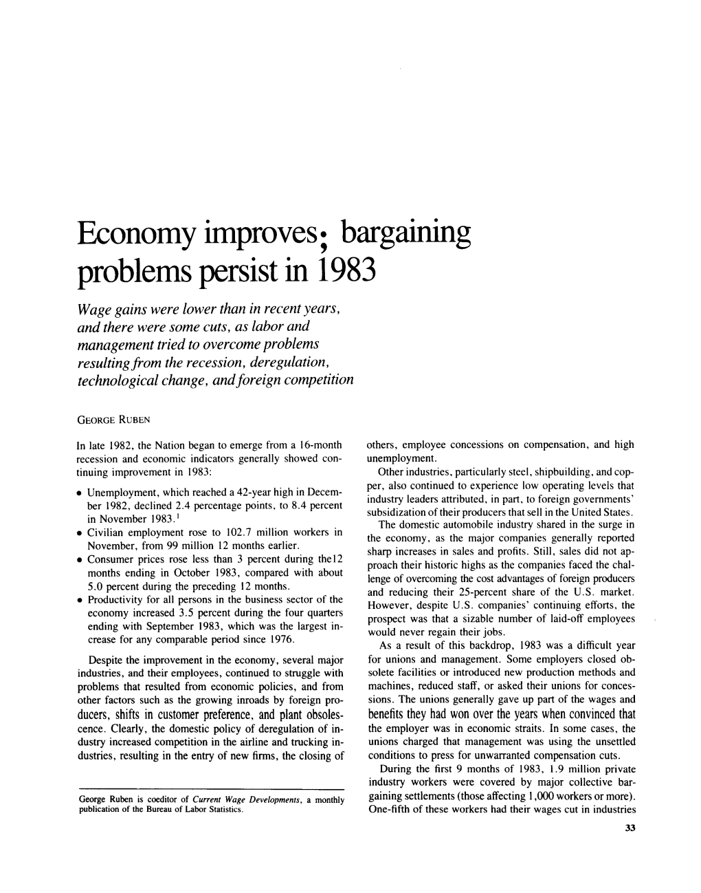 Economy Improves; Bargaining Problems Persist in 1983
