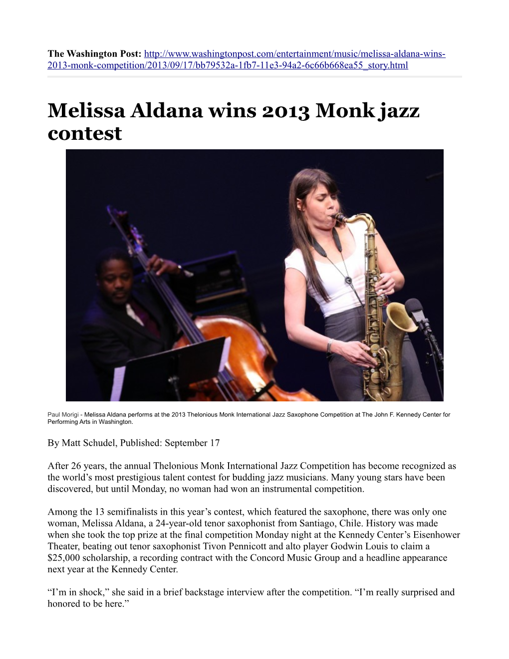 Melissa Aldana Wins 2013 Monk Jazz Contest
