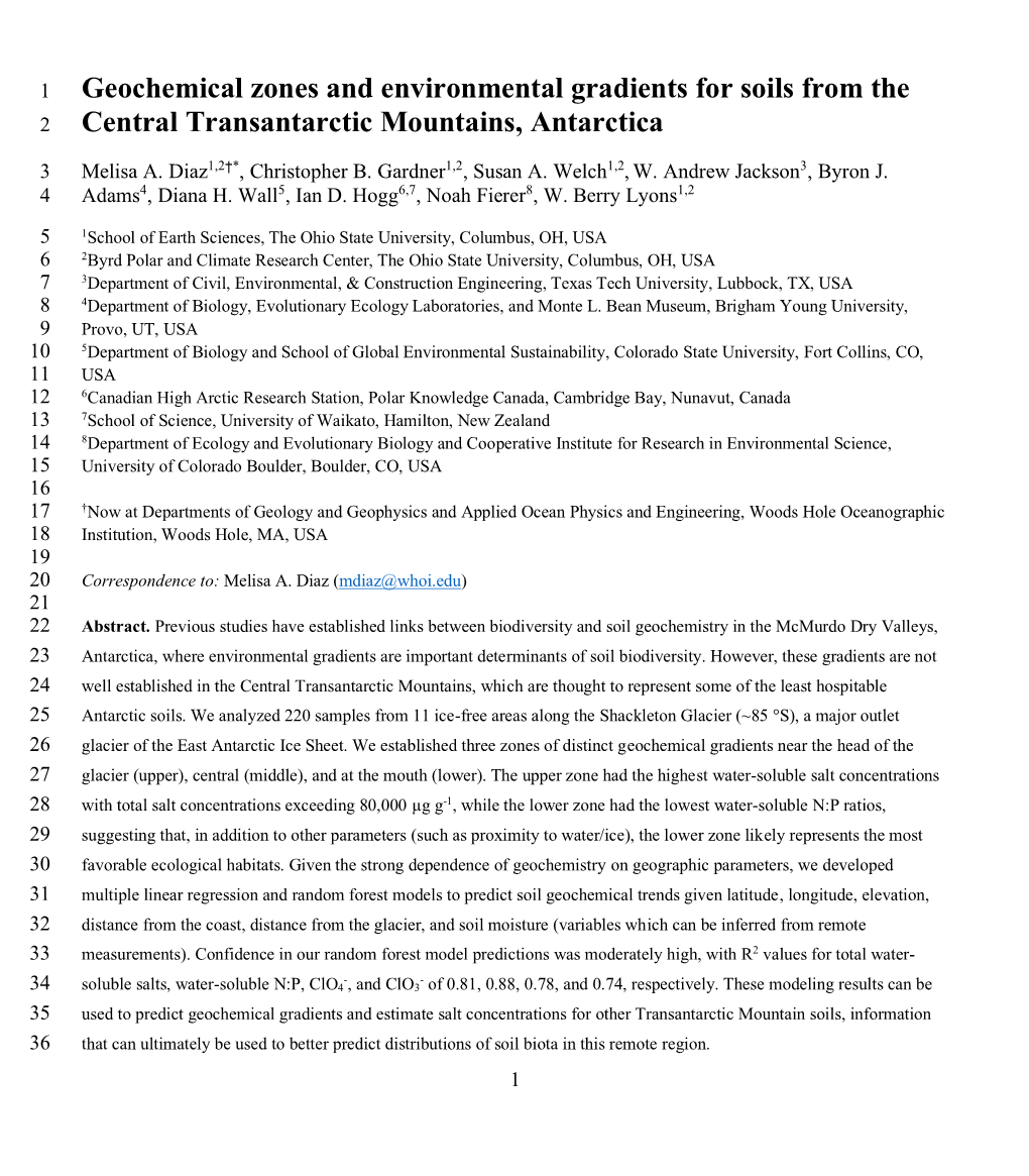 Geochemical Zones and Environmental Gradients for Soils from the 2 Central Transantarctic Mountains, Antarctica