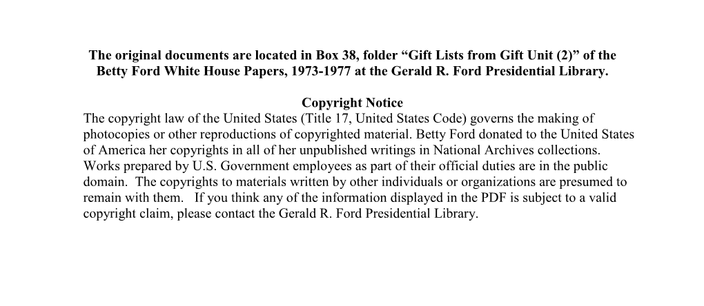 Gift Lists from Gift Unit (2)” of the Betty Ford White House Papers, 1973-1977 at the Gerald R