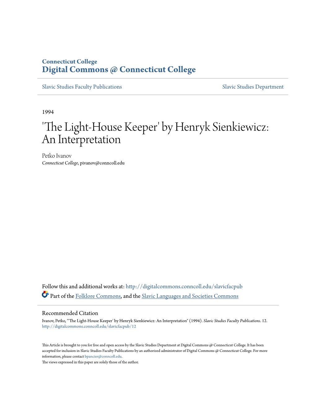 'The Light-House Keeper' by Henryk Sienkiewicz: an Interpretation Petko Ivanov Connecticut College, Pivanov@Conncoll.Edu