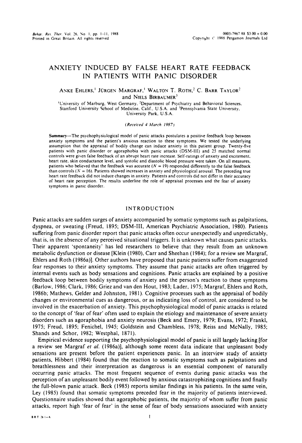 Anxiety Induced by False Heart Rate Feedback in Patients with Panic Disorder