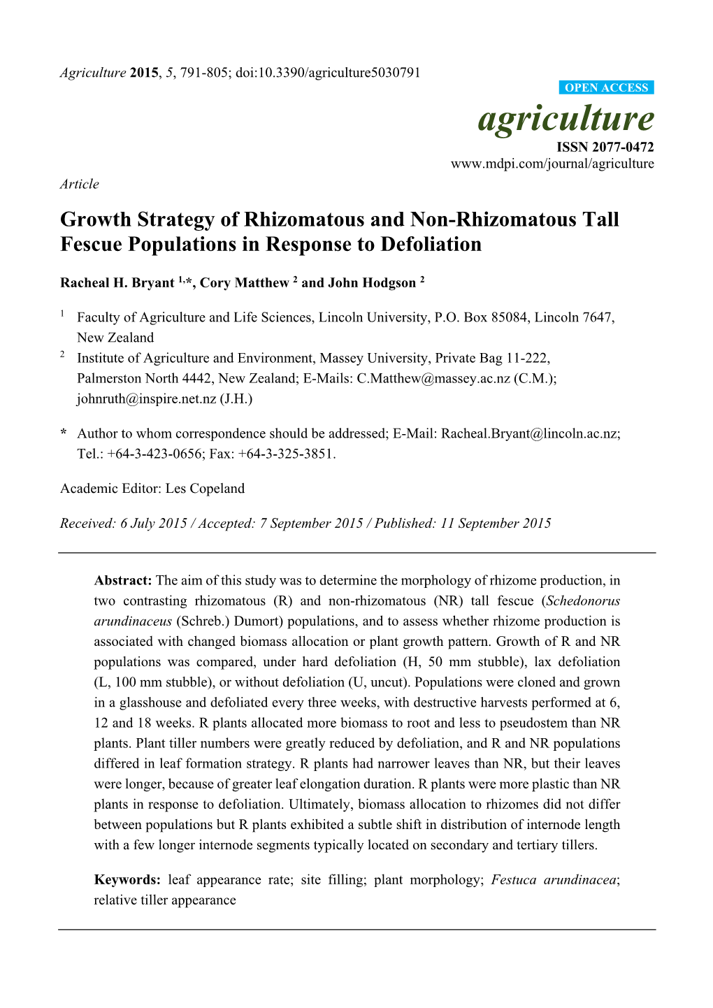 Growth Strategy of Rhizomatous and Non-Rhizomatous Tall Fescue Populations in Response to Defoliation