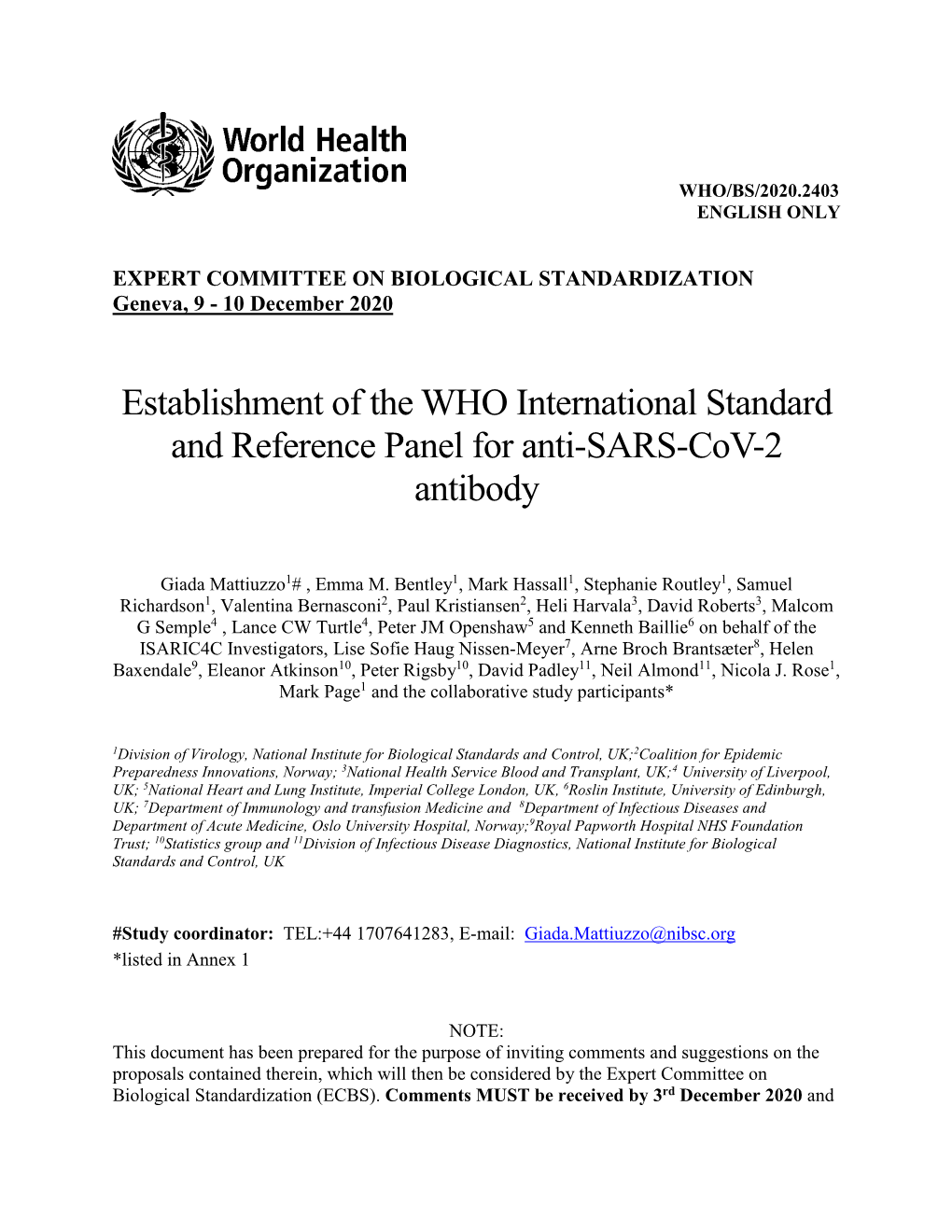 Establishment of the WHO International Standard and Reference Panel for Anti-SARS-Cov-2 Antibody