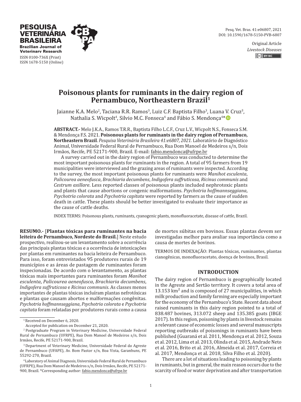 Poisonous Plants for Ruminants in the Dairy Region of Pernambuco, Northeastern Brazil1 Jaianne K.A