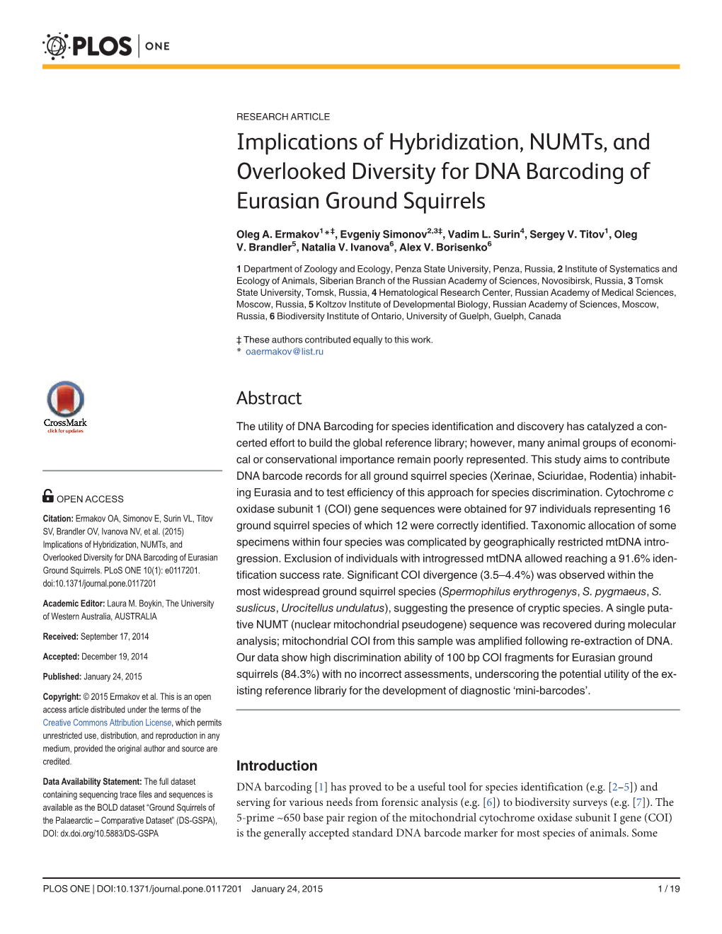 Implications of Hybridization, Numts, and Overlooked Diversity for DNA Barcoding of Eurasian Ground Squirrels