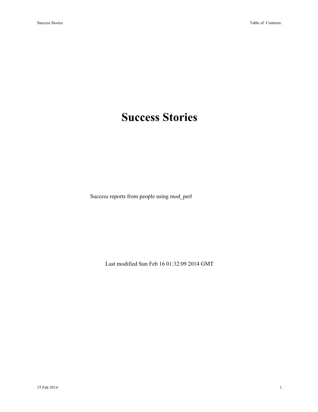 Success Stories Table of Contents