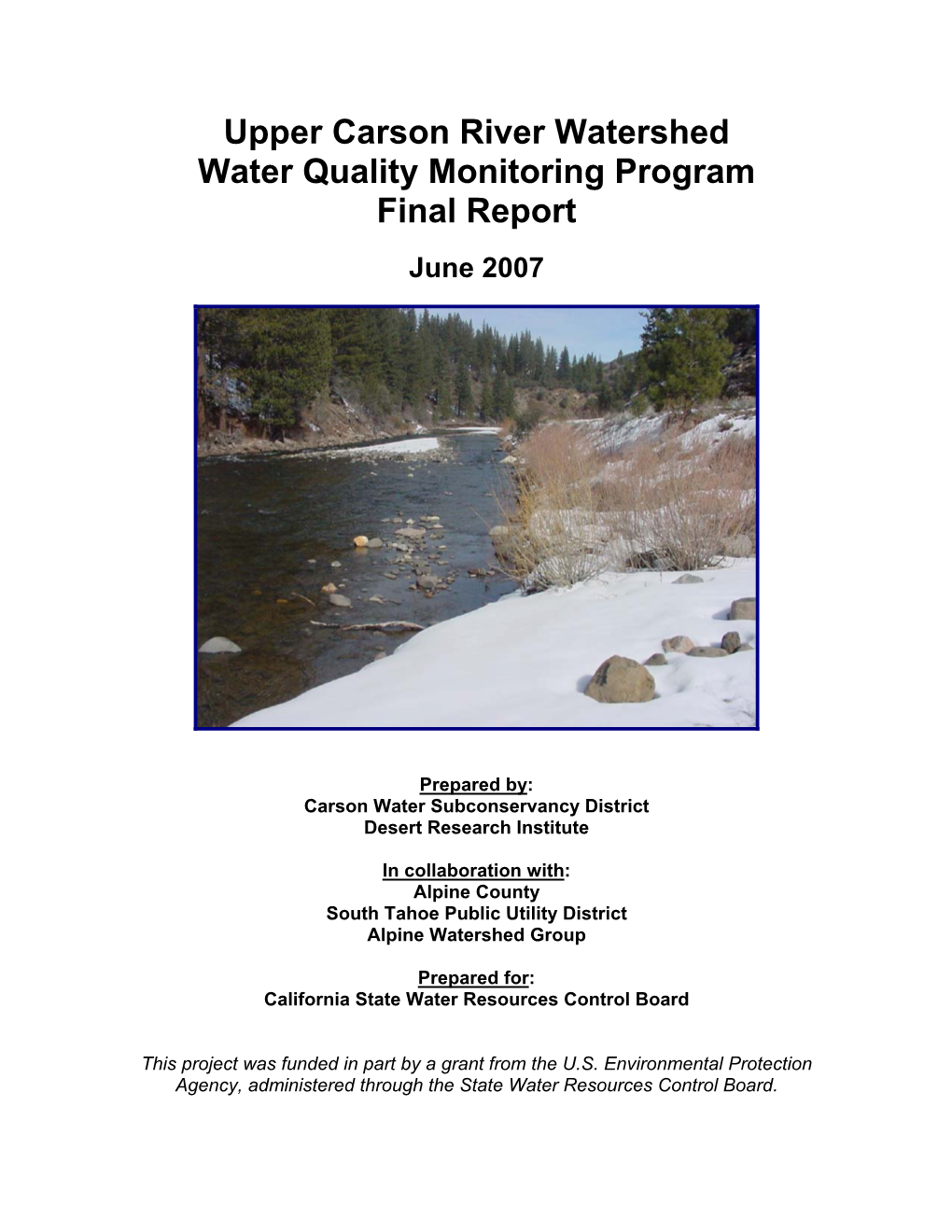 Upper Carson River Water Quality Monitoring Program Table of Contents
