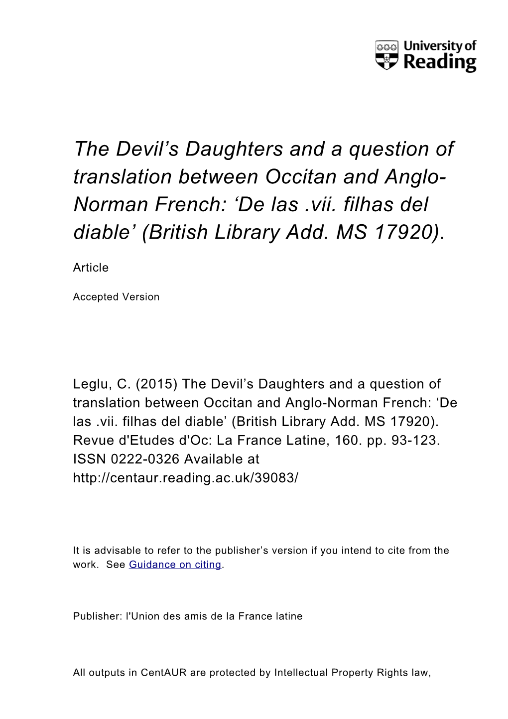 Norman French: 'De Las .Vii. Filhas Del Diabl