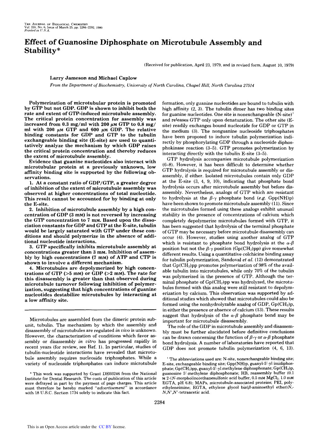 Effect of Guanosine Diphosphate on Microtubule Assembly and Stability