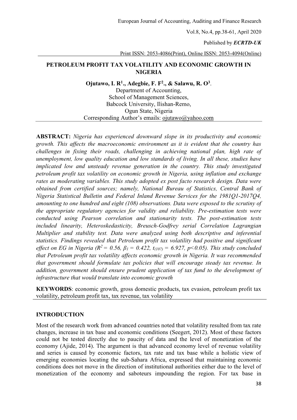 PETROLEUM PROFIT TAX VOLATILITY and ECONOMIC GROWTH in NIGERIA Ojutawo, I