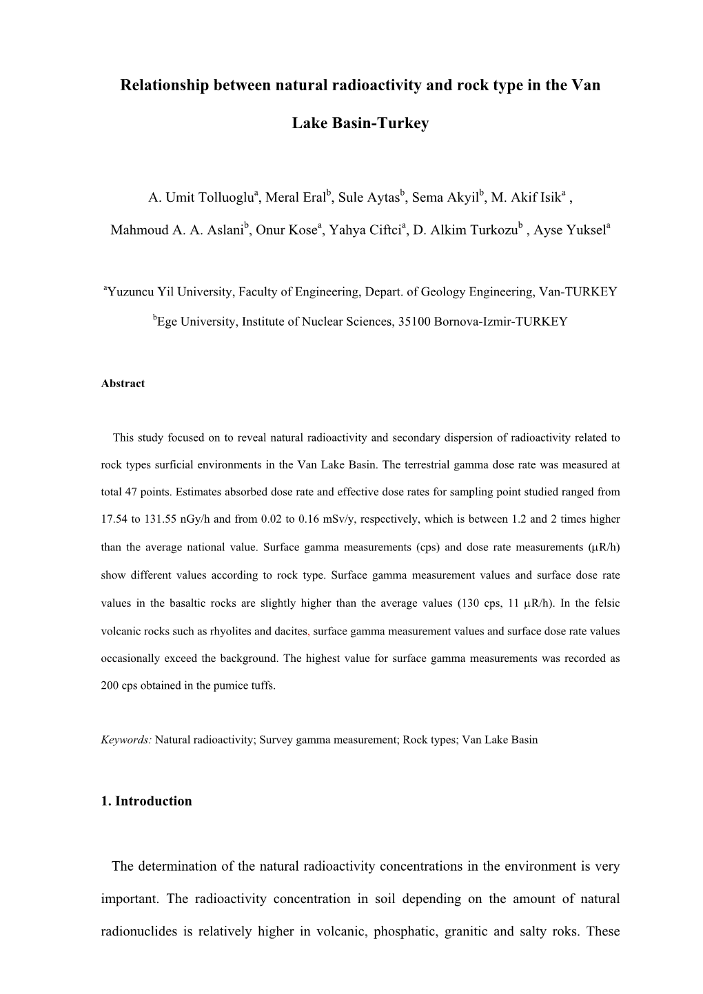 Relationship Between Natural Radioactivity and Rock Type in the Van Lake Basin-Turkey